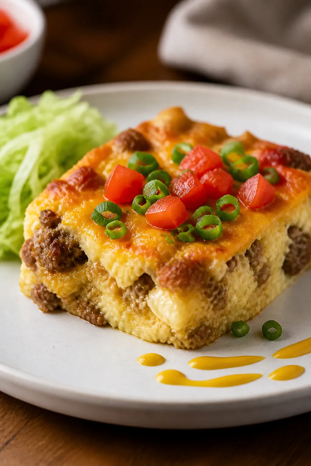 Final plated hero shot: A generous square of cheeseburger casserole on a white ceramic plate, showin
