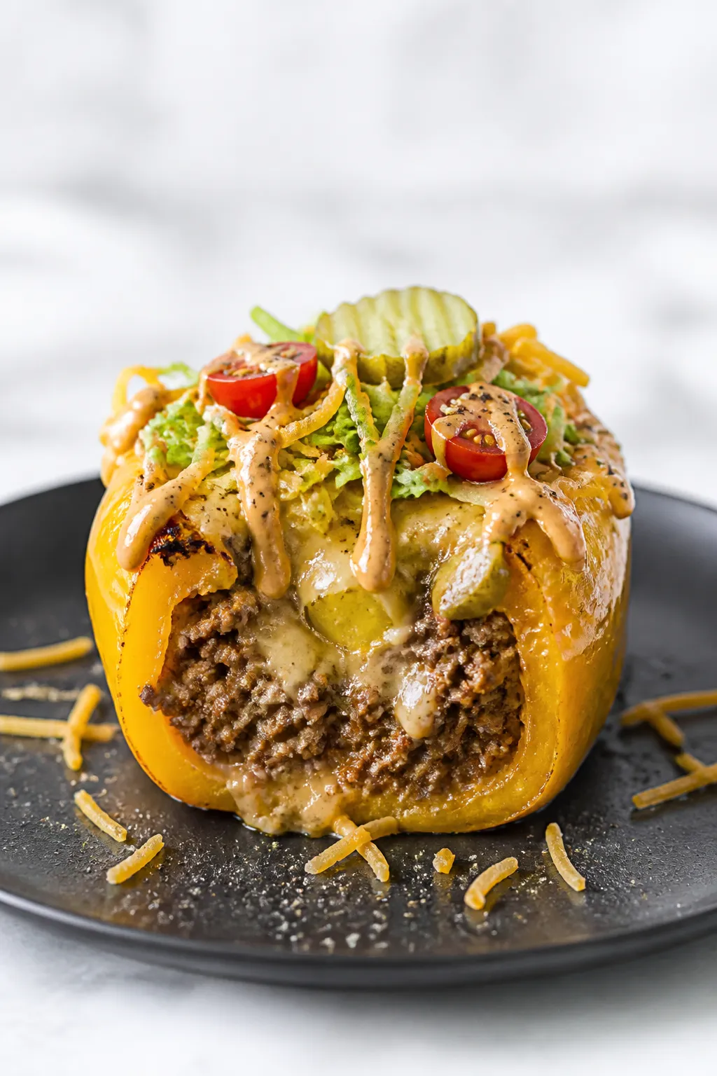 Final plated hero shot: Beautifully plated high-protein cheeseburger stuffed pepper on a matte charc