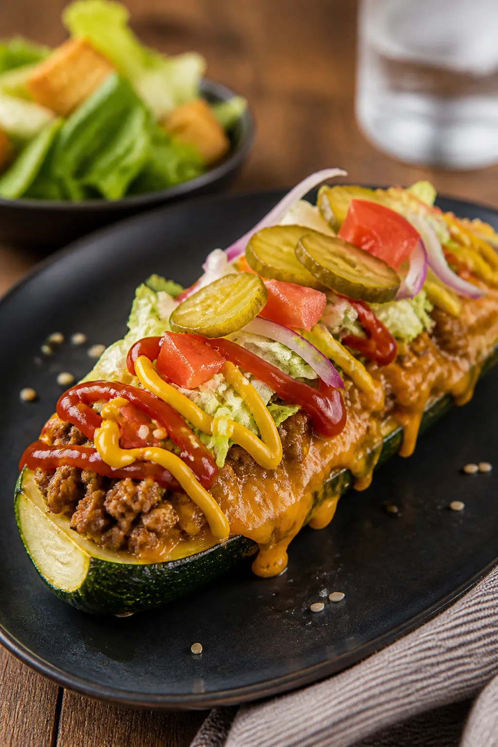 Final plated hero shot: Beautifully plated Low Carb Cheeseburger Stuffed Zucchini Boat on a matte ch