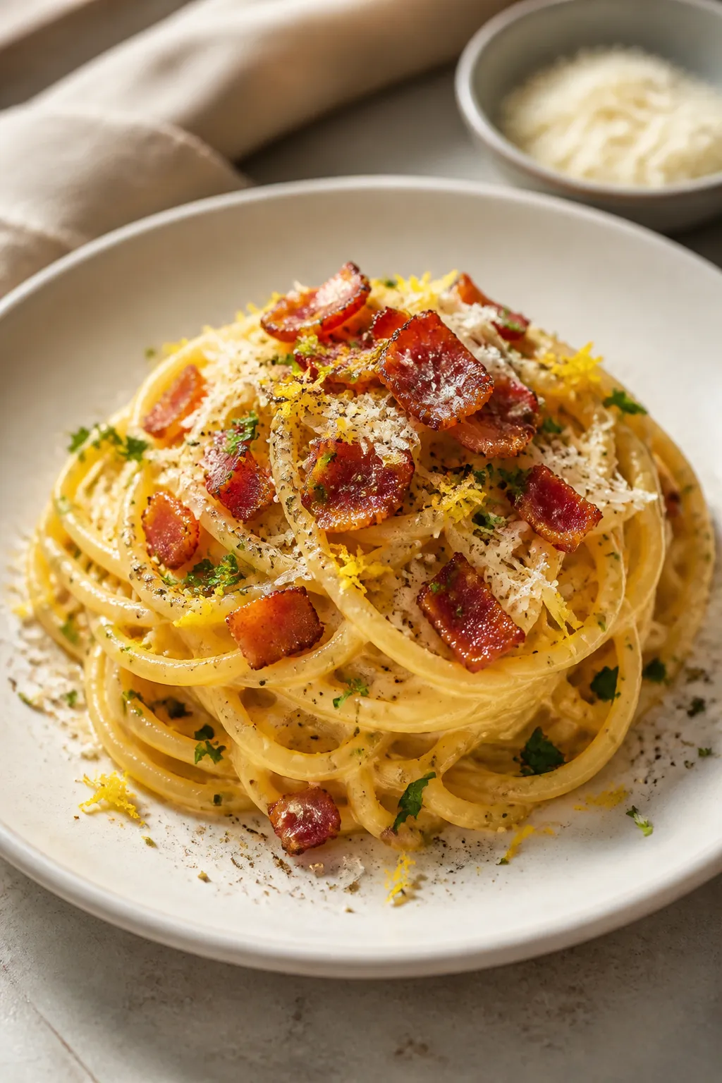 Final plated hero shot: Beautifully plated Spaghetti Squash Carbonara twirled into a nest on a warm