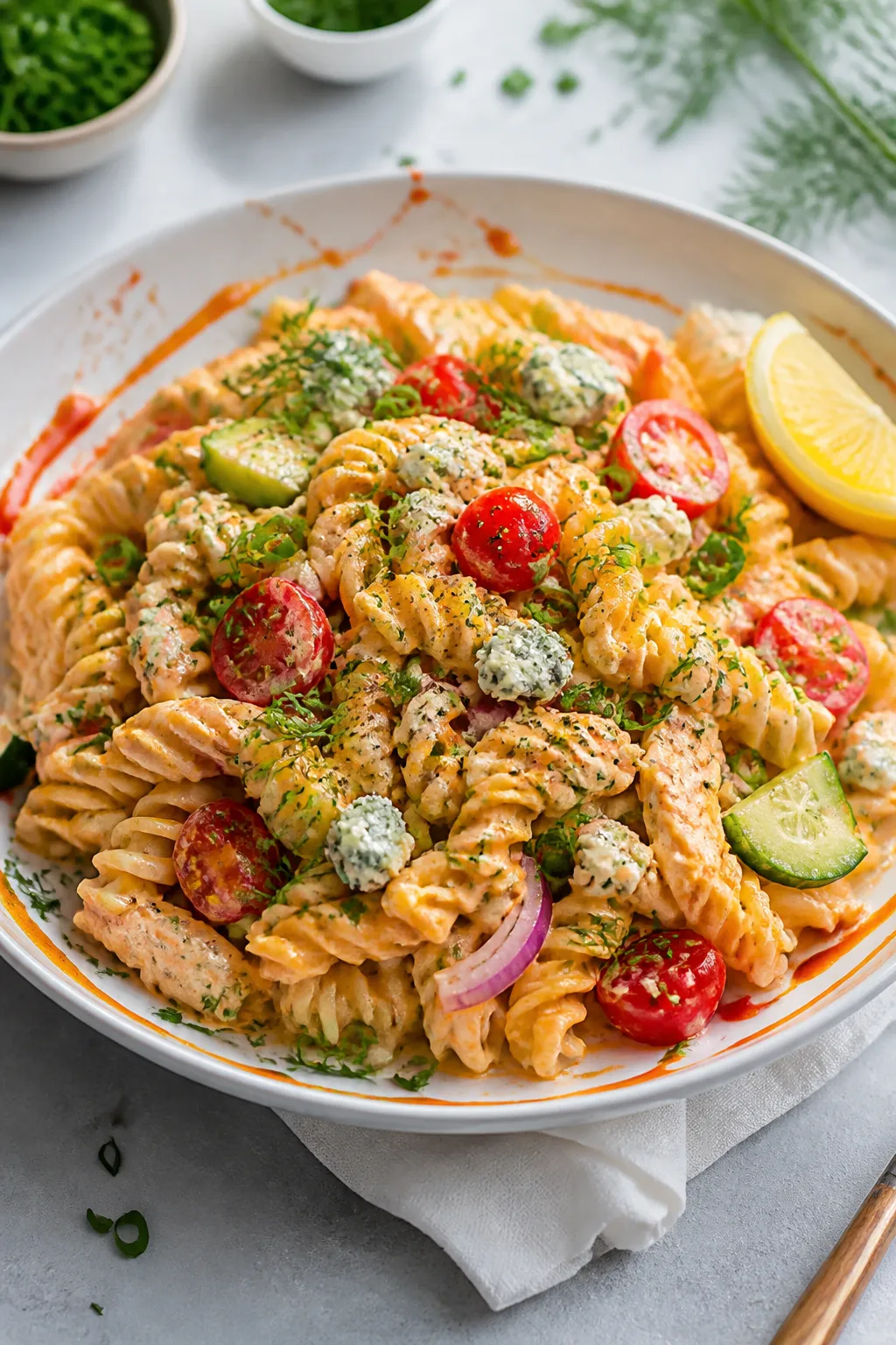 Final plated hero shot: Healthy Buffalo Chicken Pasta Salad beautifully plated in a wide, shallow wh