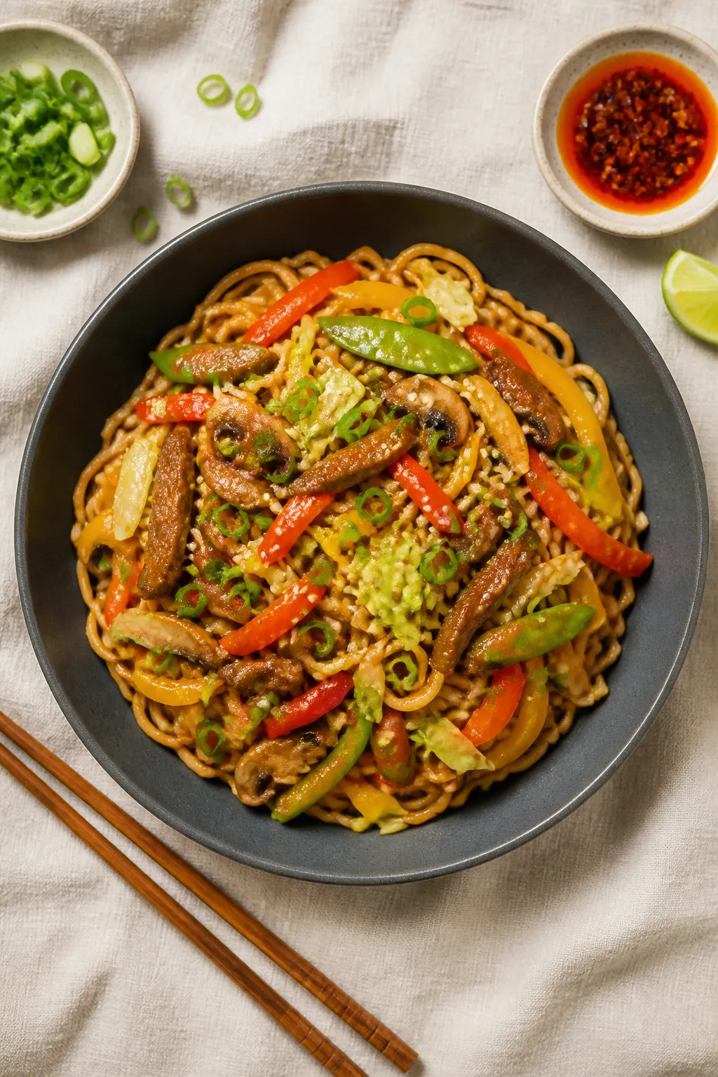Final plated, overhead hero: Overhead shot of a restaurant-quality bowl of high protein pork lo mein
