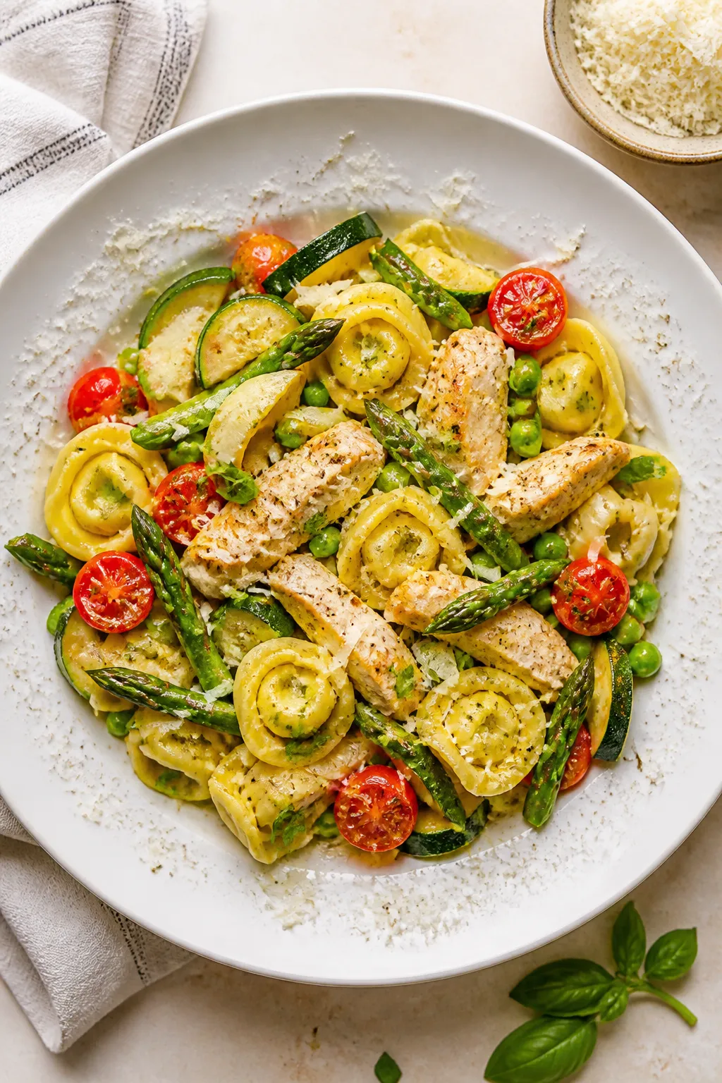 Final plated, overhead hero shot: Chicken Tortellini Primavera beautifully plated in a wide, shallow