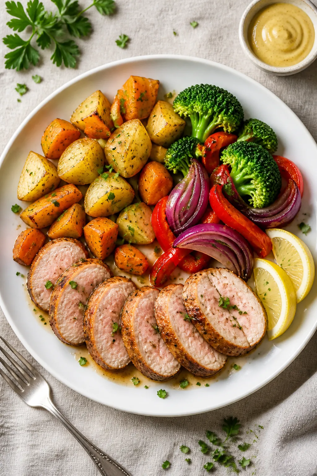 Final plated, overhead: Restaurant-quality top-down shot of the complete sheet pan pork tenderloin d