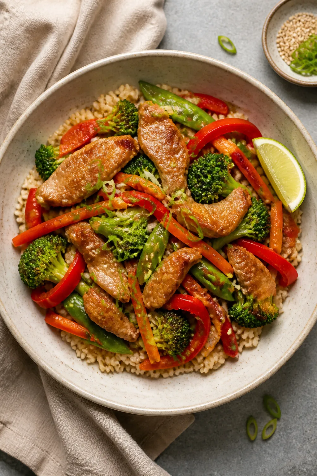 Final plated overhead: Restaurant-style bowl of Healthy Pork Stir Fry over fluffy brown rice, evenly