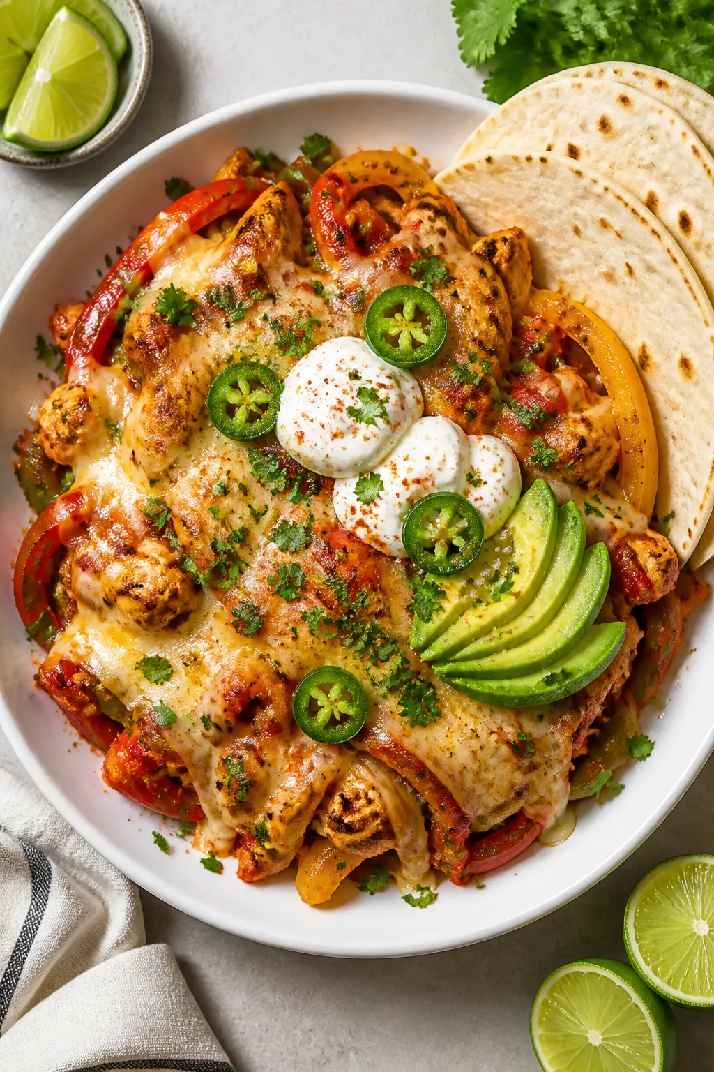 Final plated overhead shot: A generous serving of Loaded Chicken Fajita Casserole in a wide, shallow