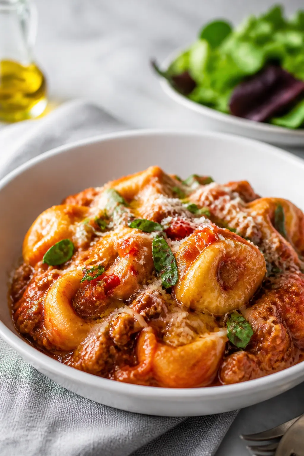 Final plated presentation: A generous scoop of the baked Protein Packed Beef Tortellini Casserole se