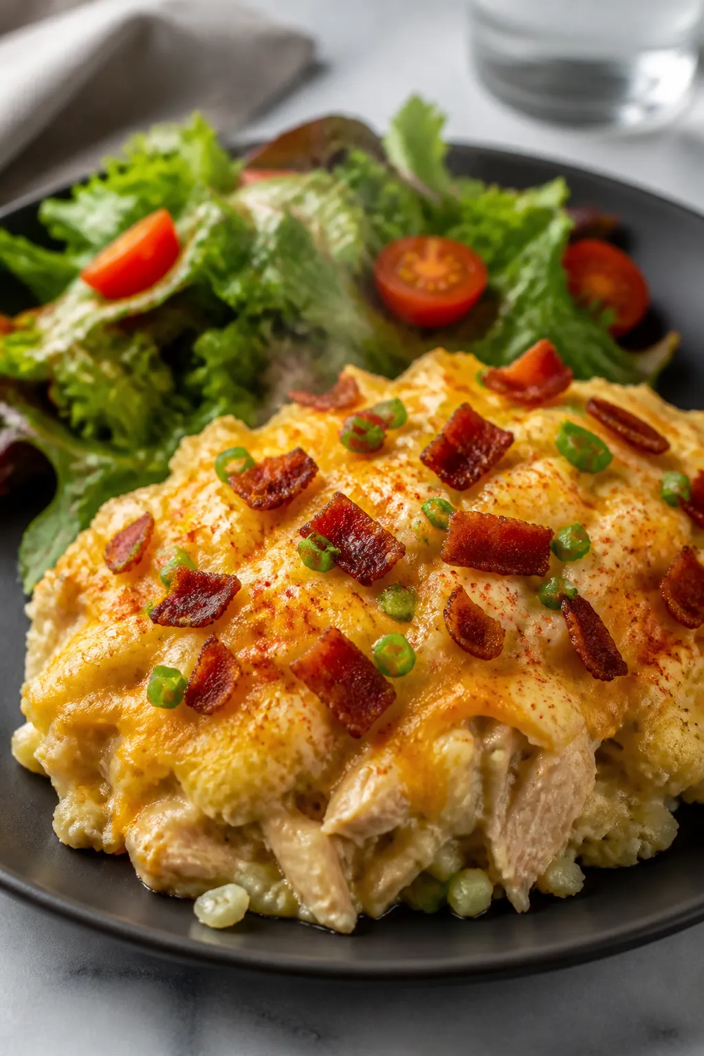 Final plated presentation: a generous serving of the casserole on a matte charcoal plate, creamy int