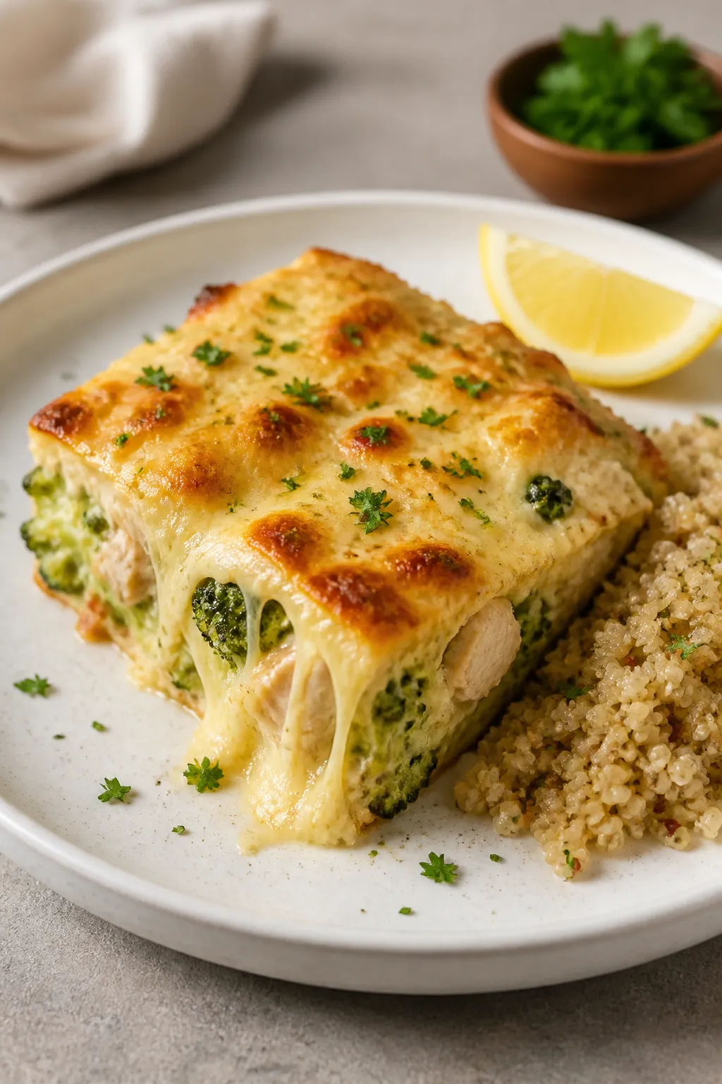 Final plated presentation: A generous square of the Cheesy Chicken Broccoli Protein Bake served on a