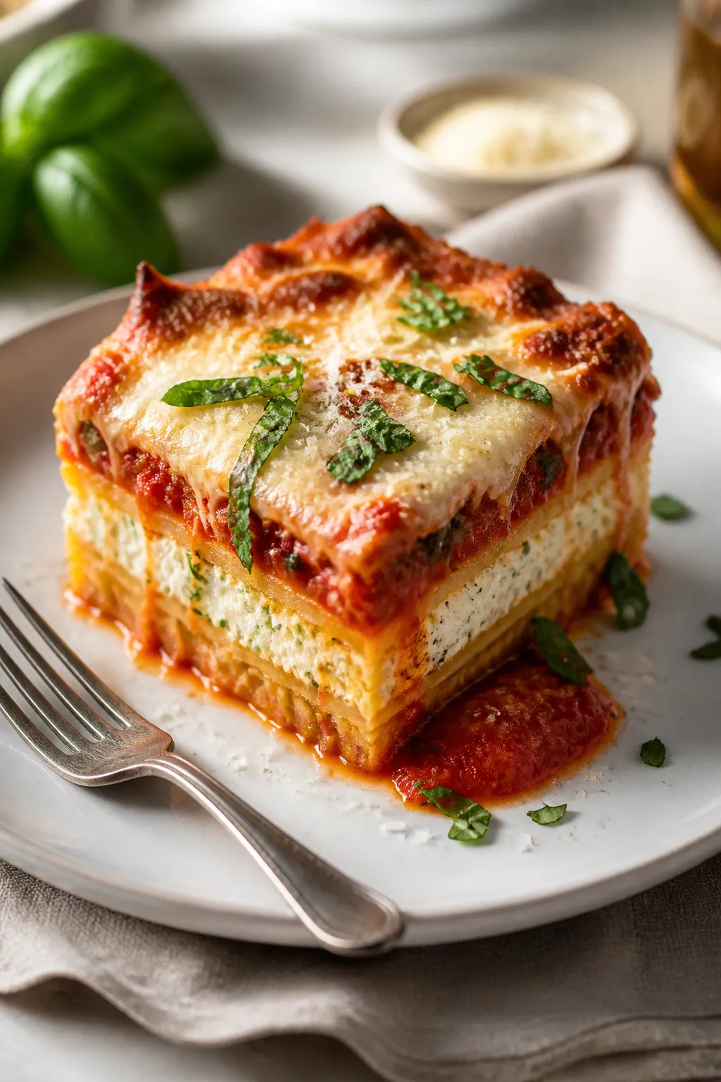Final plated presentation: A neat, sliceable square of spaghetti squash lasagna casserole on a white