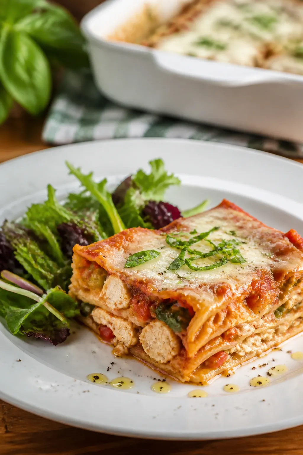 Final plated presentation: A restaurant-quality serving of Chicken Pizza Casserole on a wide white r