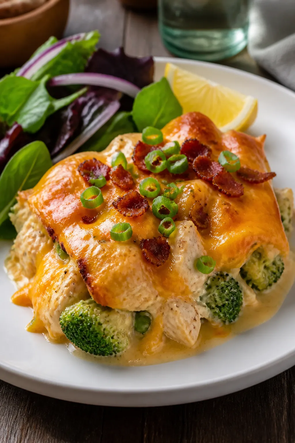 Final plated presentation: A single generous serving of high protein crack chicken casserole on a ma