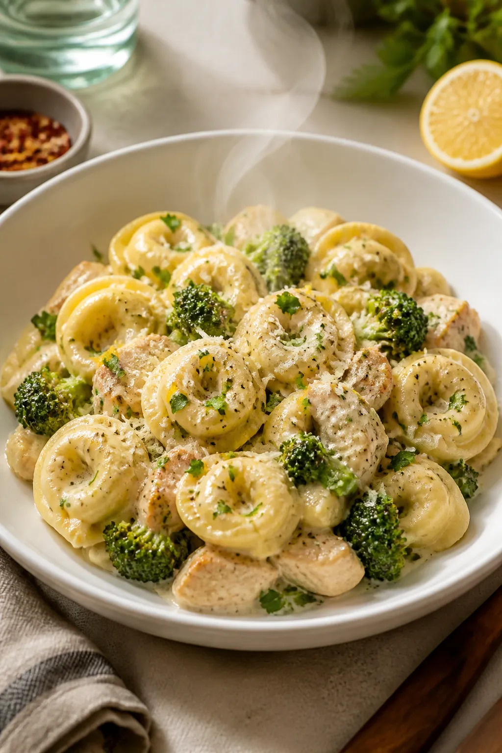 Final plated presentation: Beautifully plated Chicken Broccoli Tortellini in a wide, shallow white b