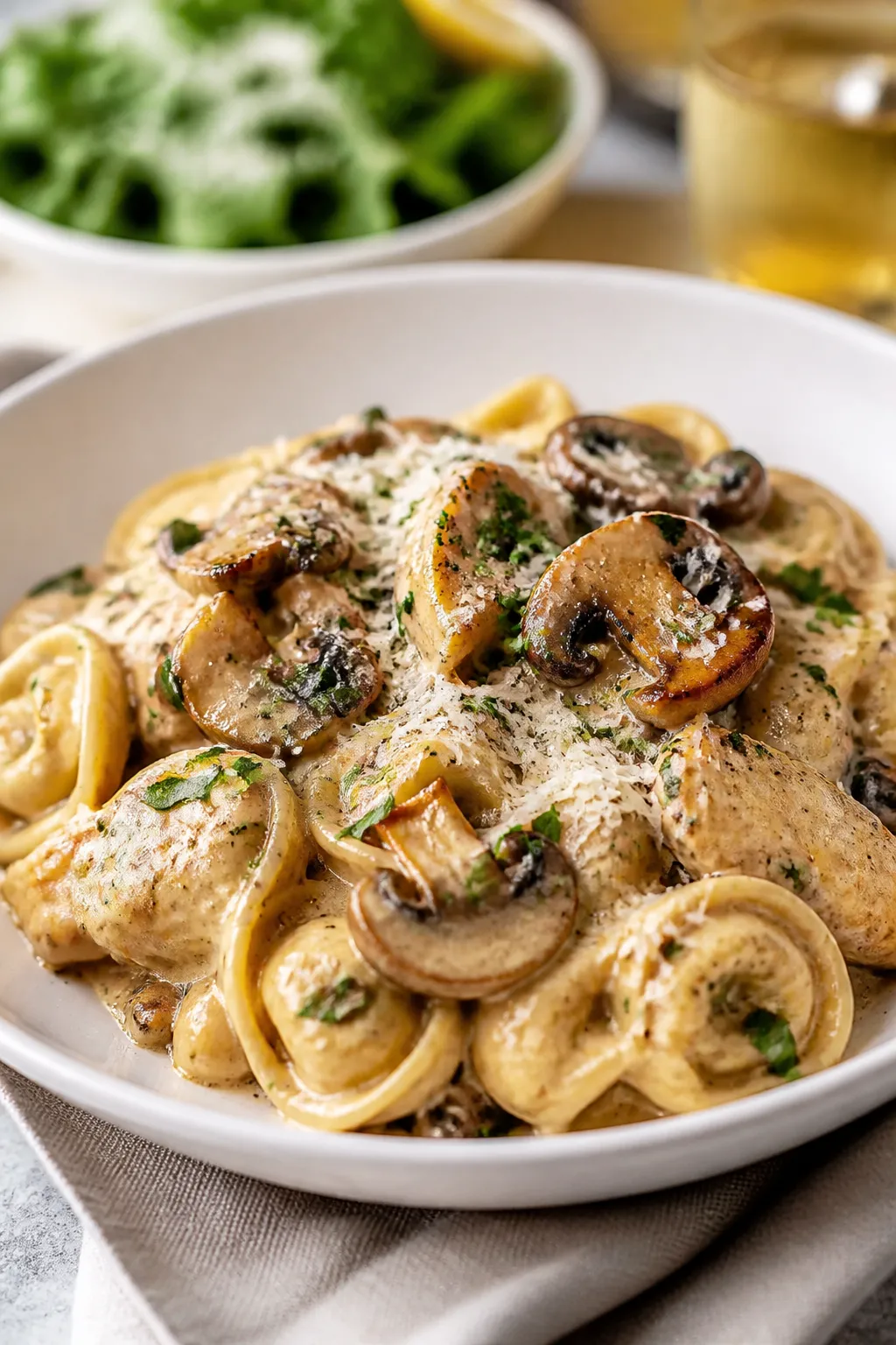 Final plated presentation: Beautifully plated Creamy Mushroom Chicken Tortellini twirled into a shal