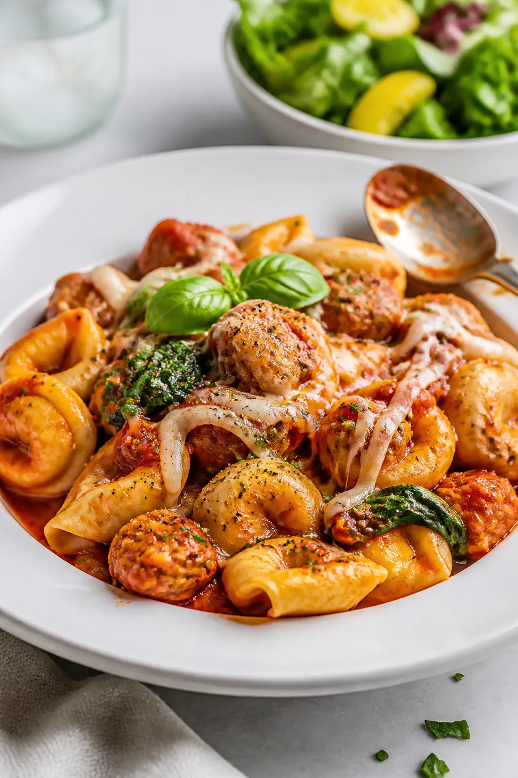 Final plated presentation: Beautifully plated serving of Healthy Turkey Sausage Tortellini Bake in a