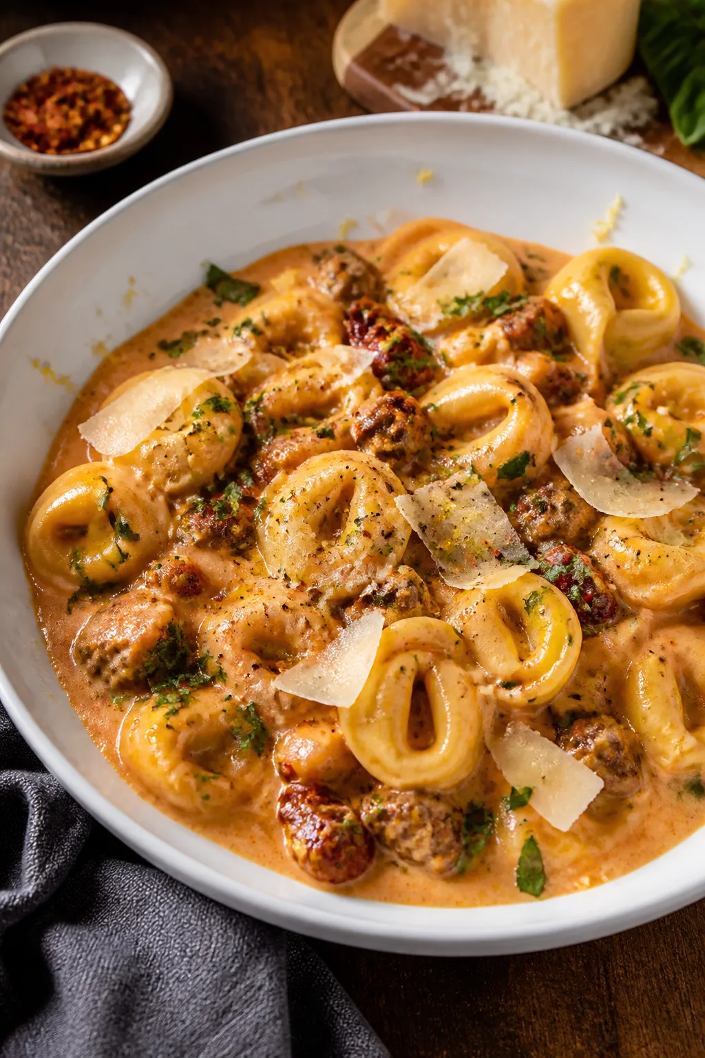 Final plated presentation: Beautifully plated Tuscan Sausage Tortellini in a shallow white bowl, sau