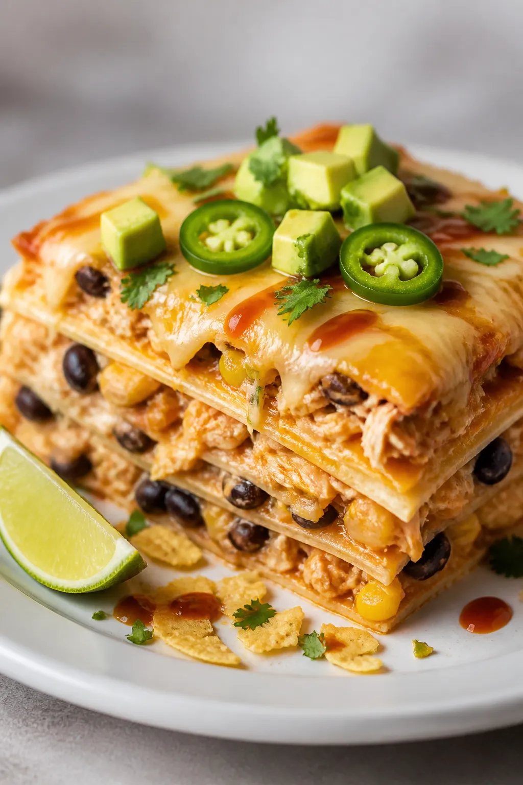 Final plated presentation, close-up: A generous square of chicken taco casserole plated on a matte w