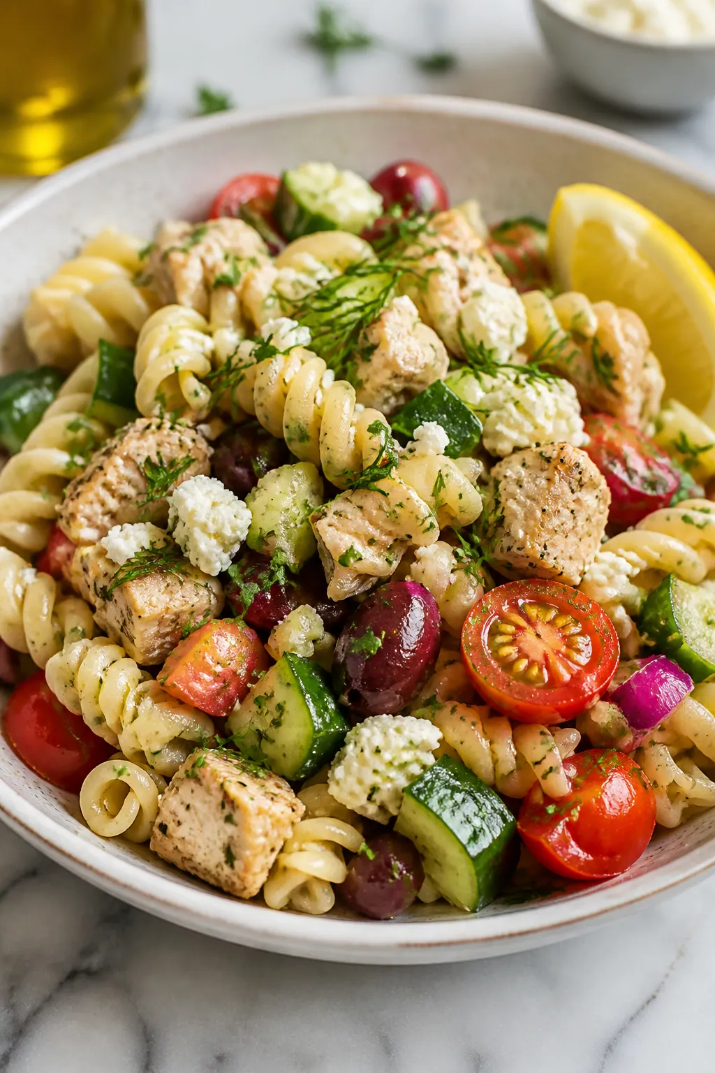 Final plated presentation, close-up: Restaurant-quality single serving of Greek Chicken Pasta Salad