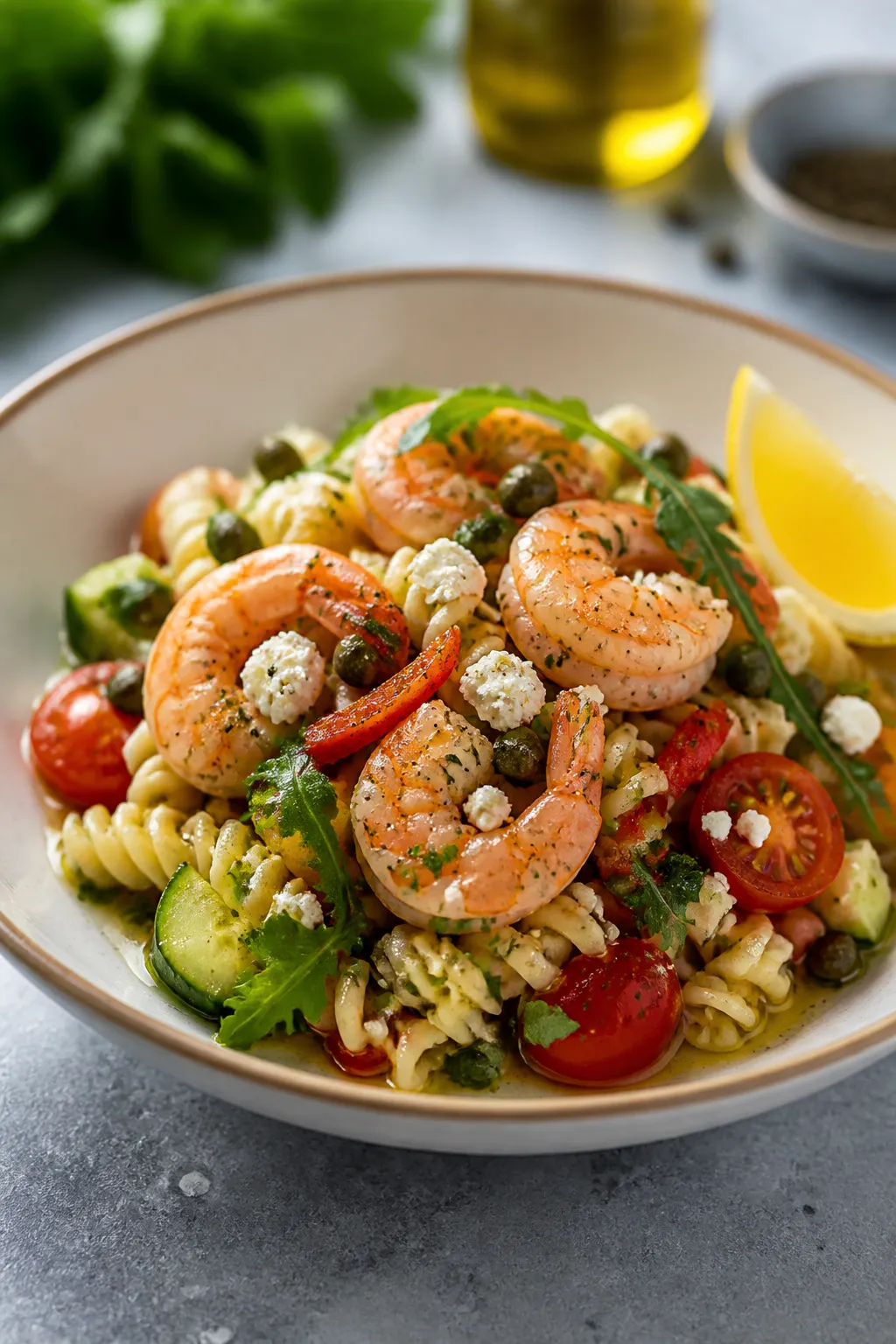 Final plated presentation: Elegant single-serve portion of shrimp pasta salad mounded in a shallow c