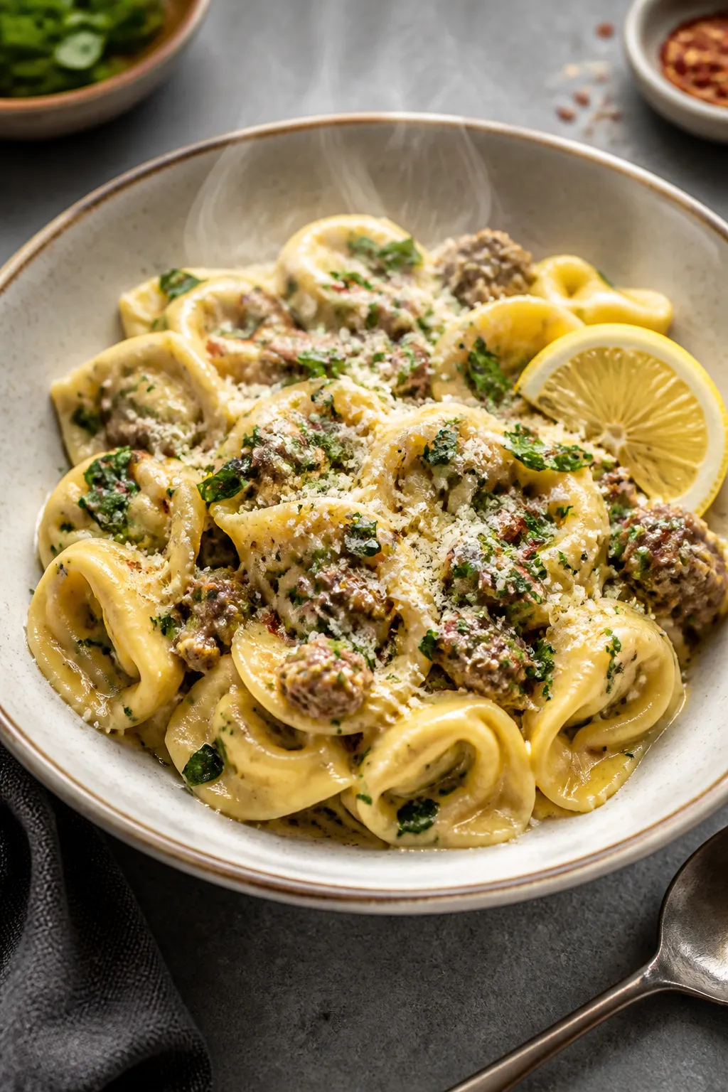 Final plated presentation: Elegantly plated bowl of Garlic Parmesan Sausage Tortellini, sauce luxuri