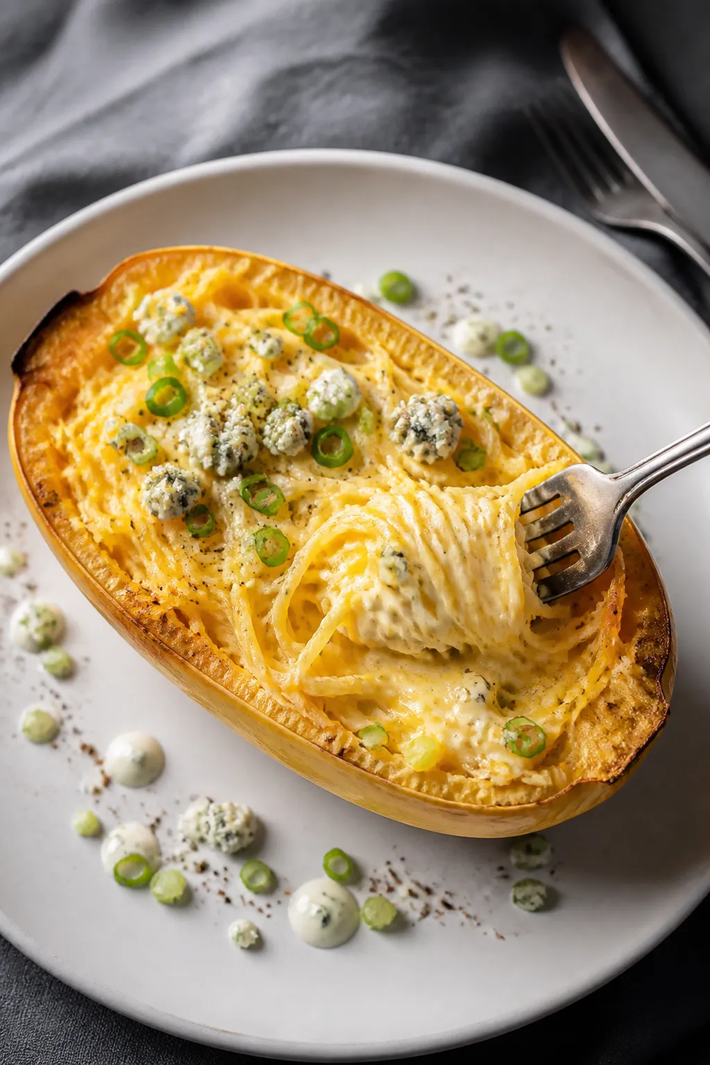 Final plated presentation: One halved spaghetti squash boat served on a wide matte white plate with 