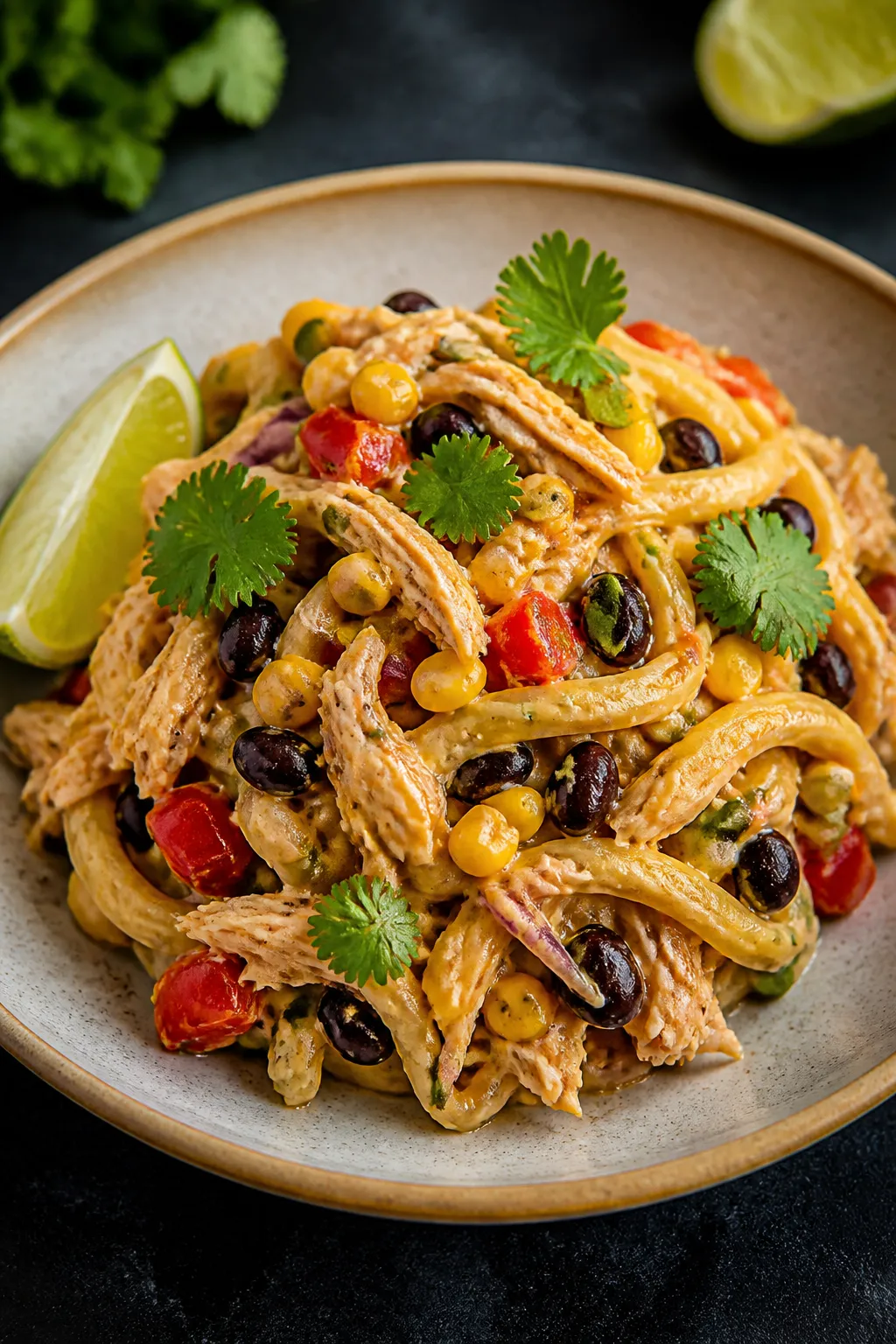 Final plated presentation: Restaurant-quality single serving of the pasta salad mounded in a shallow