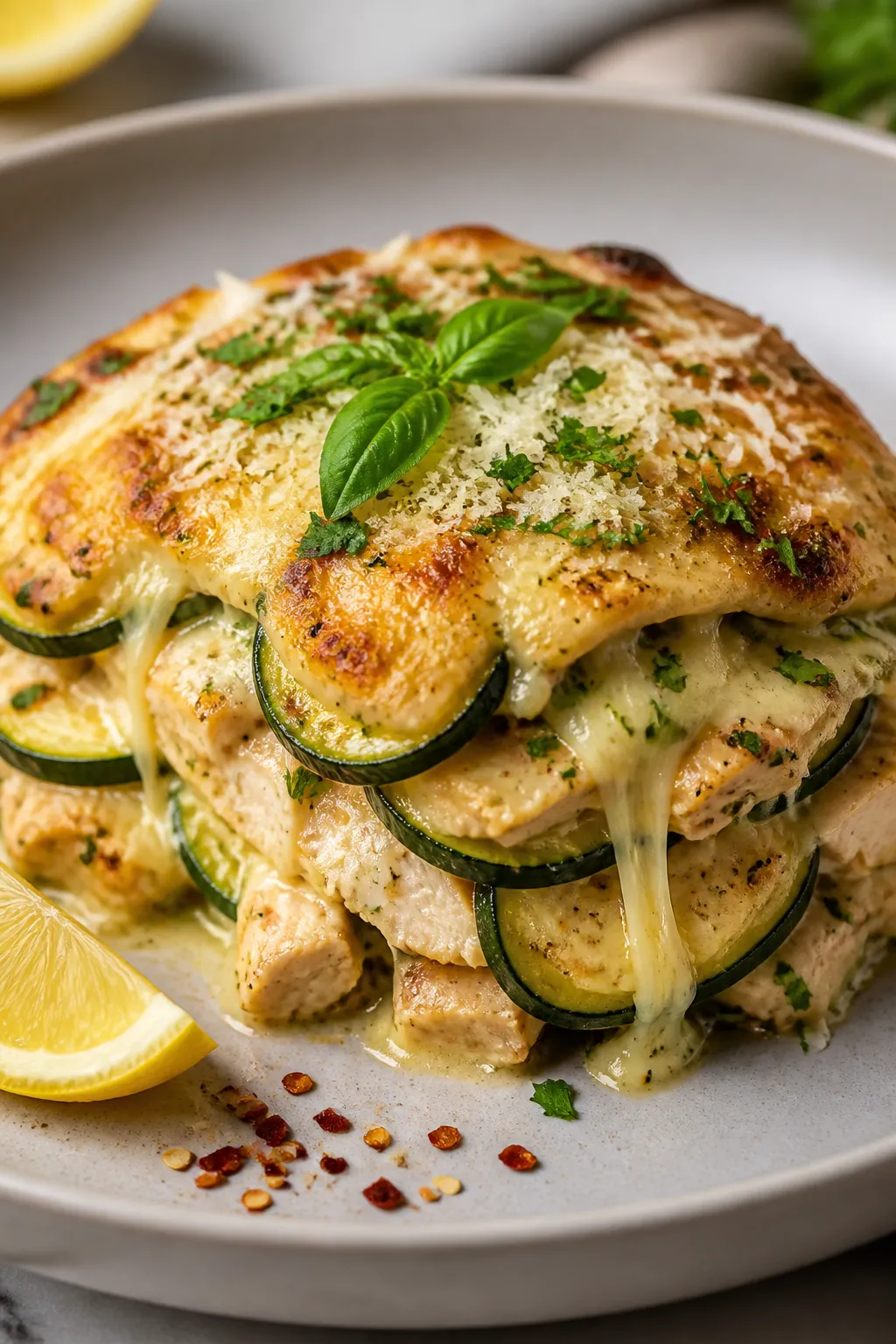 Final plated presentation: Restaurant-quality single serving of Chicken Zucchini Casserole on a wide
