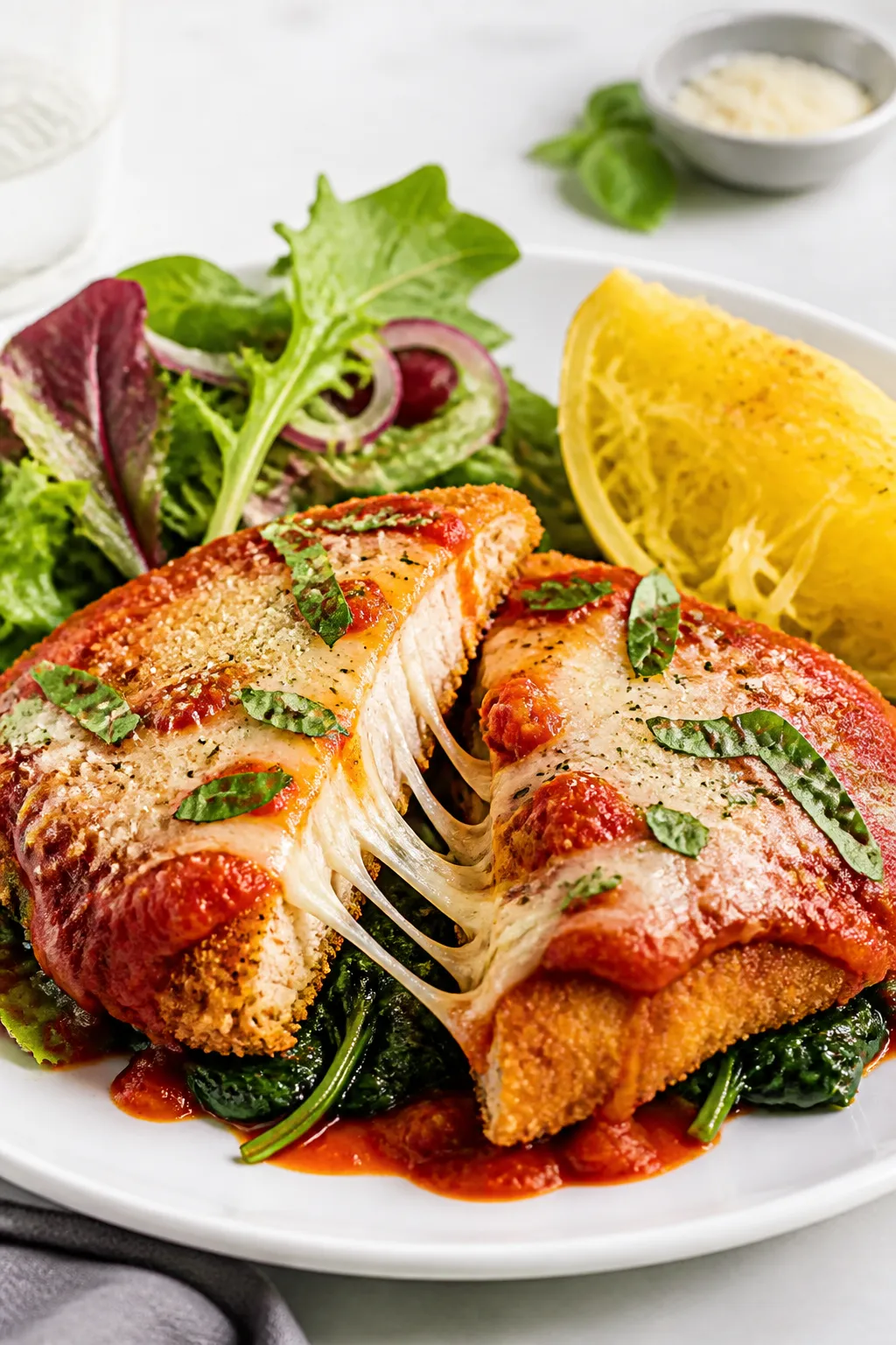 Final plated presentation: Two sliced chicken Parmesan cutlets fanned on a white ceramic plate over