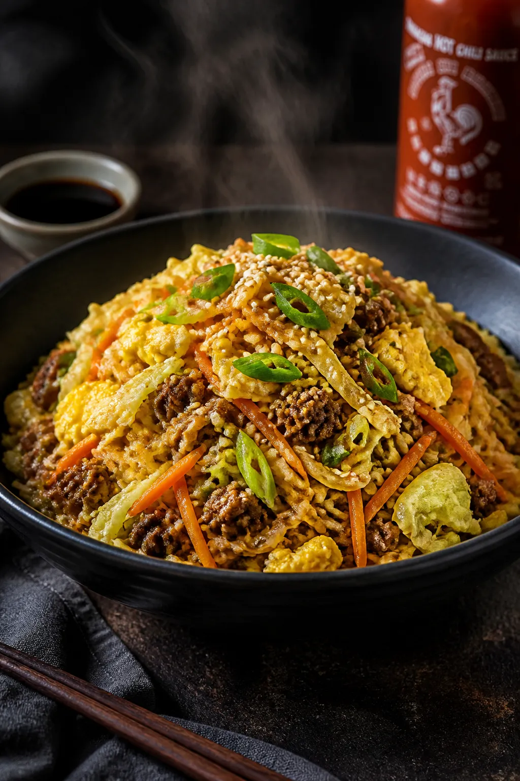 Final plated, restaurant-style presentation: Beautifully plated Hamburger Egg Roll Bowl in a wide bl