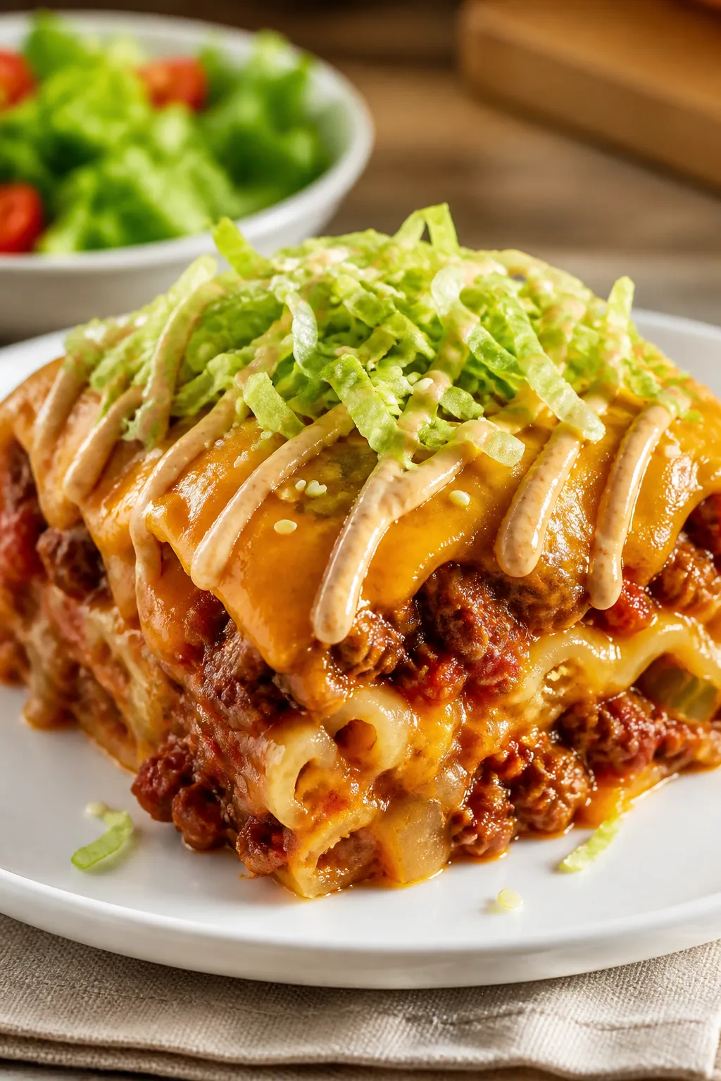 Final plated serving, hero shot: a generous square of Healthy Cheeseburger Casserole on a matte whit