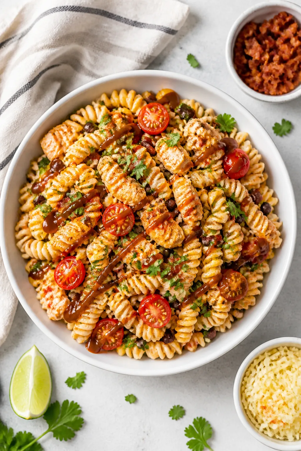 Final plated, tasty top view: Overhead shot of the finished BBQ Ranch Chicken Pasta Salad in a matte