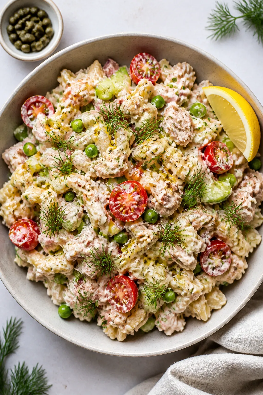 Final plated, top view: Beautifully plated high protein tuna pasta salad in a low, matte ceramic bow