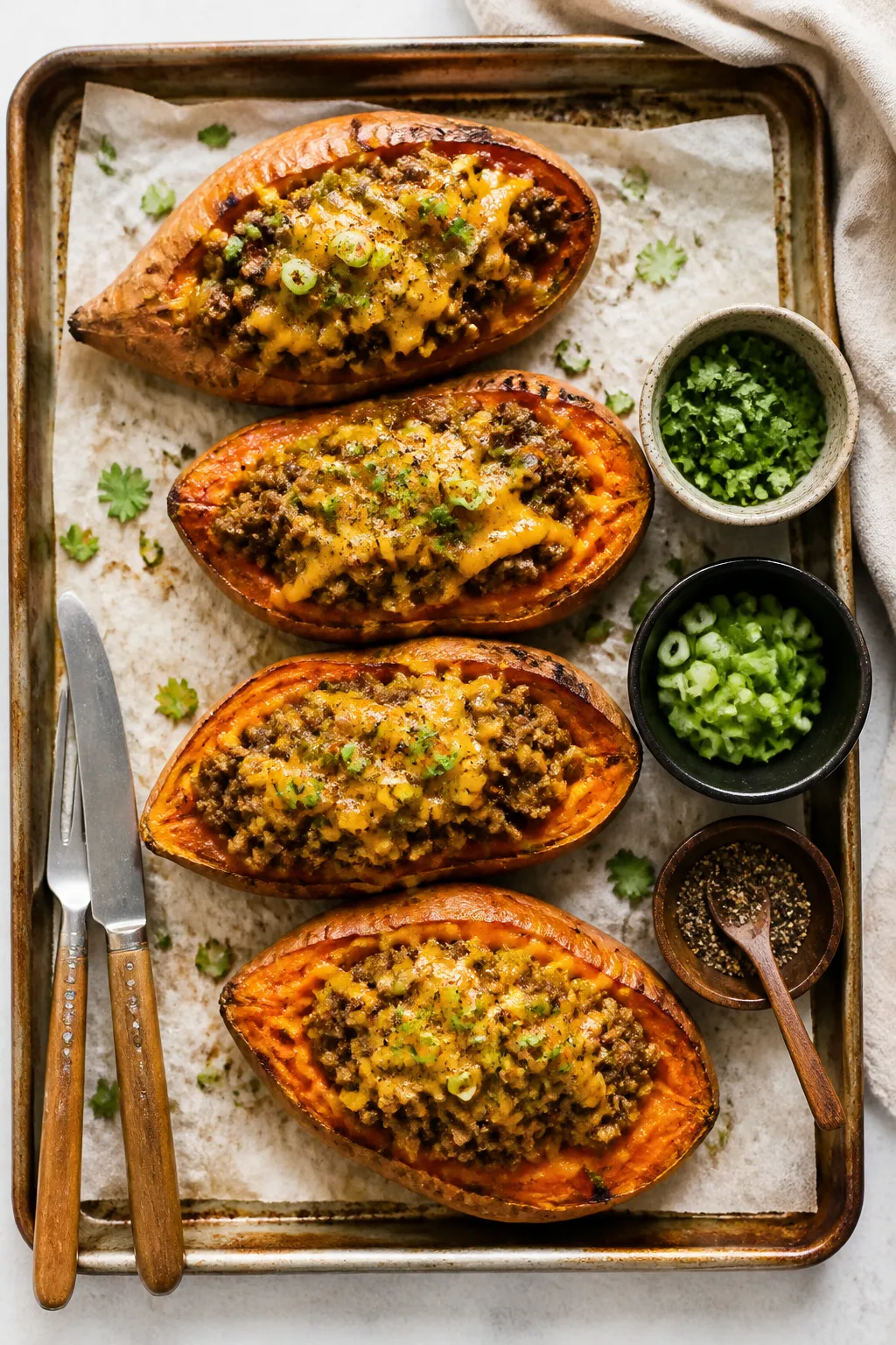 Overhead assembly shot: Split, roasted sweet potatoes on a lined sheet pan, flesh fluffed and season
