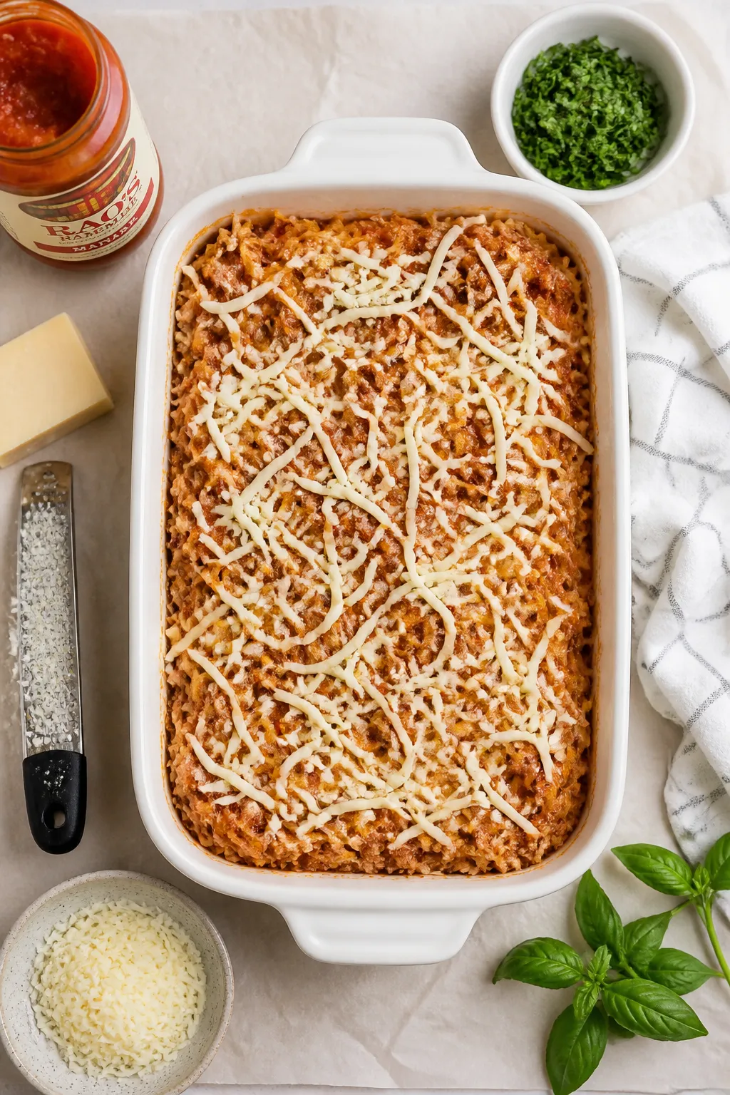 Overhead “assembly to bake” shot: 9x13-inch baking dish filled with combined spaghetti squash st