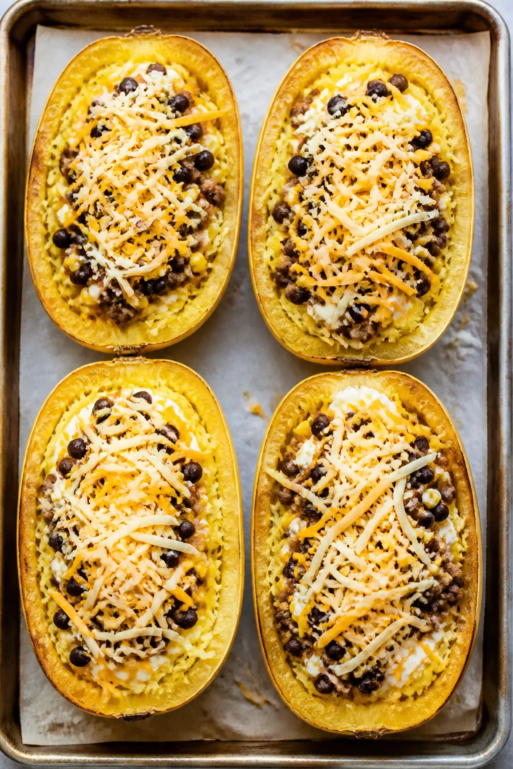 Overhead “boat” assembly: Top-down shot of roasted spaghetti squash halves, strands gently fluff