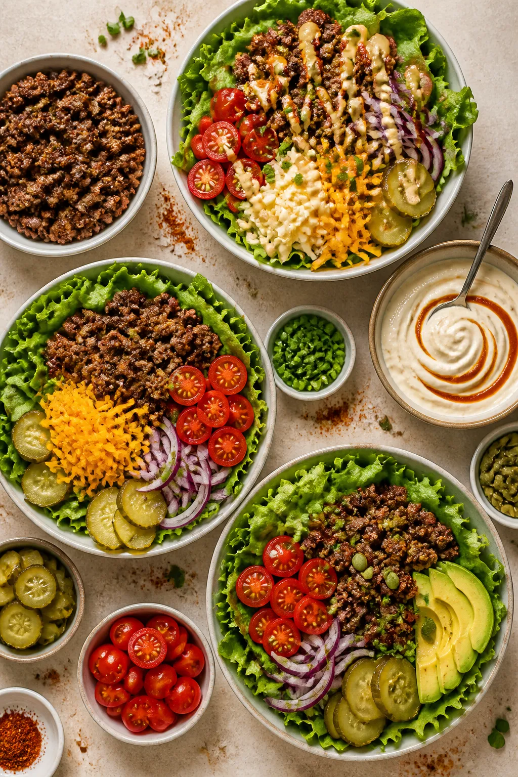 Overhead âbuild-your-ownâ spread, top view: Tasty top-down shot of multiple burger salad bowls r