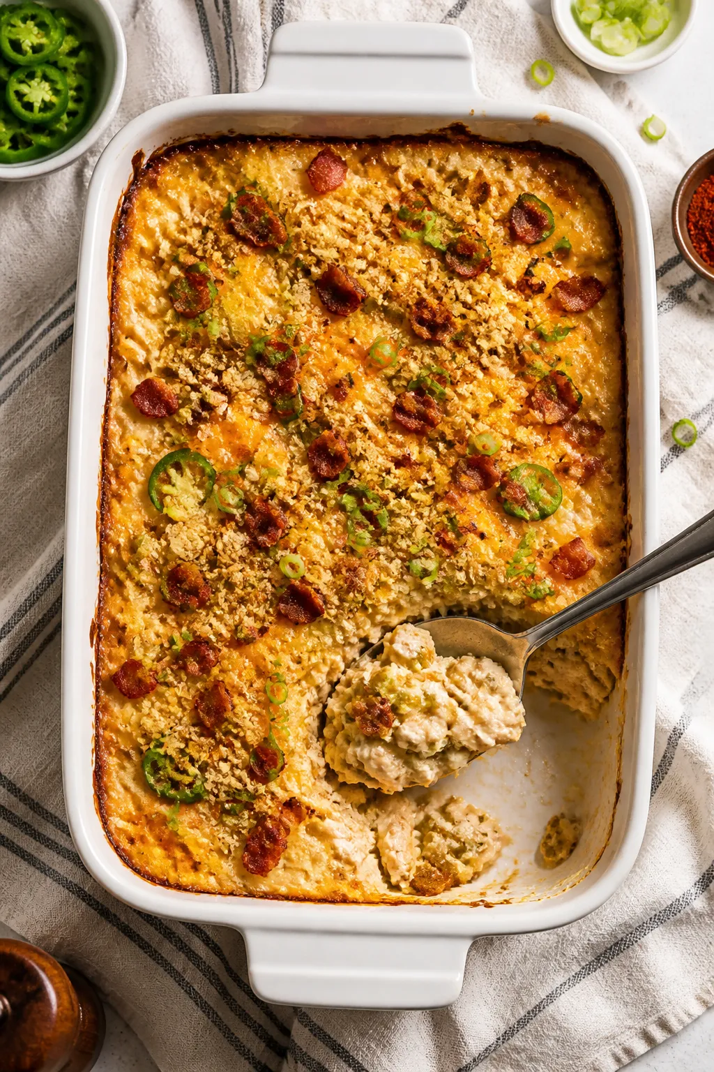 Overhead casserole moment: Tasty top view of the Chicken Jalapeño Popper Protein Bake just out of t