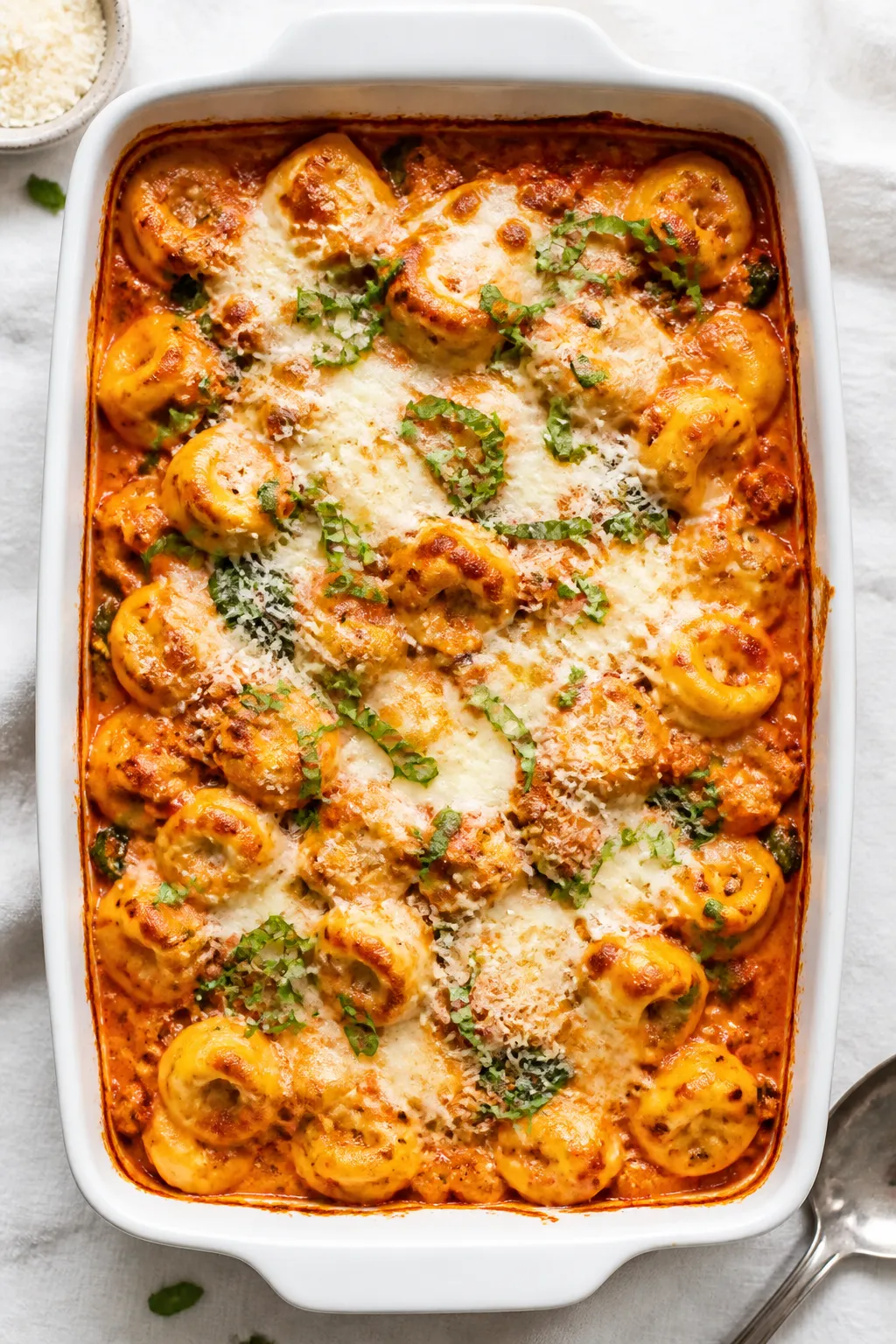 Overhead casserole shot: Freshly baked High Protein Ground Chicken Tortellini Casserole in a 9x13 di