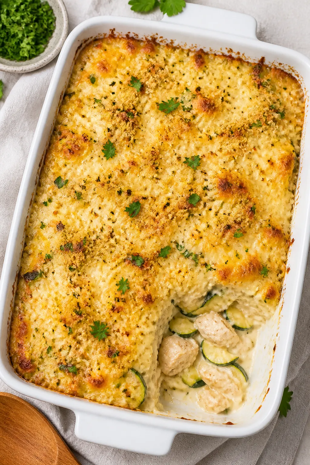 Overhead casserole shot: of the baked High Protein Chicken Zucchini Casserole in a 9x13 white baking