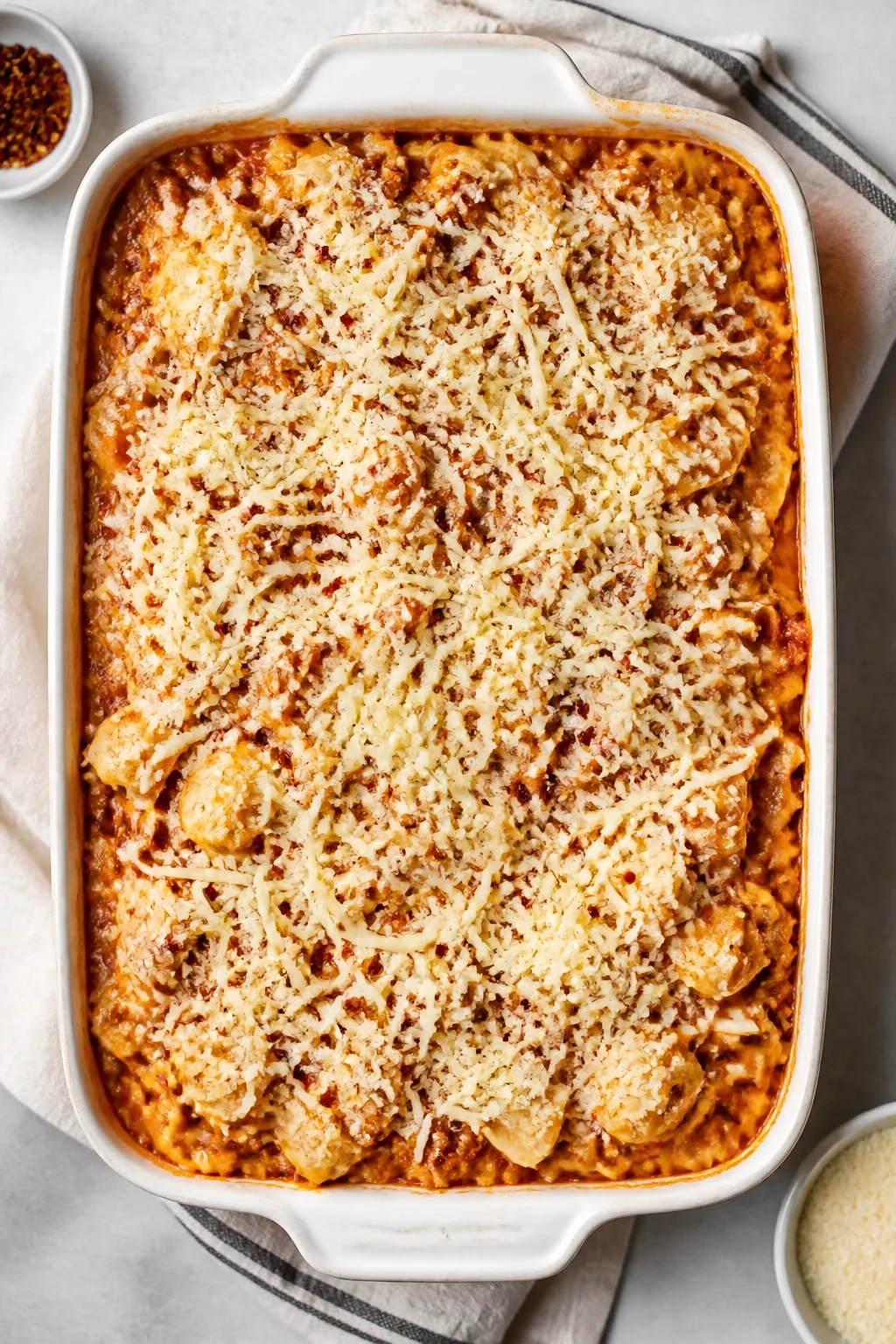 Overhead “tasty top view”: A 9x13 baking dish filled with the assembled casserole right before t