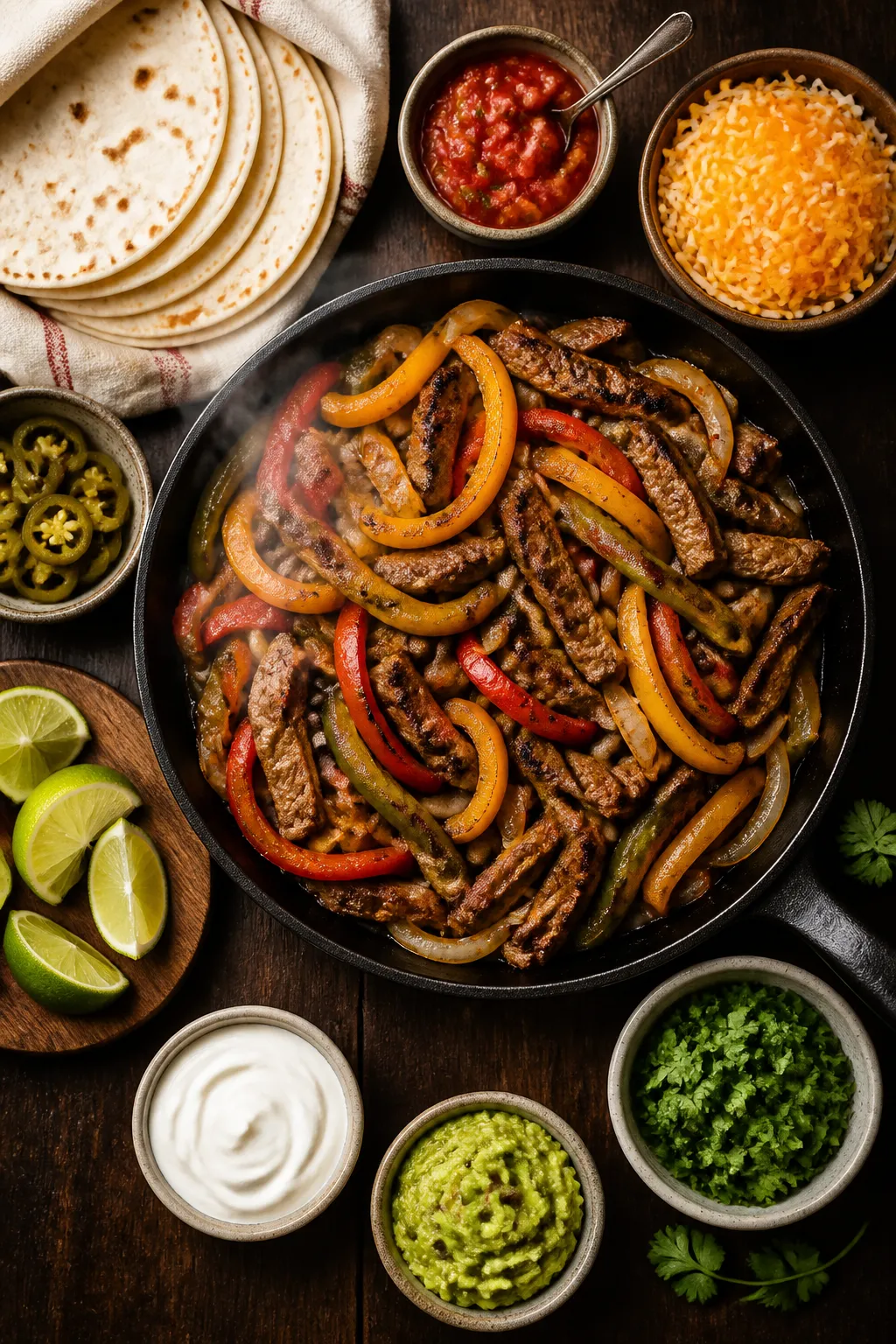 Overhead tasty top view: Build-your-own fajita spread with the cooked beef fajita skillet at center