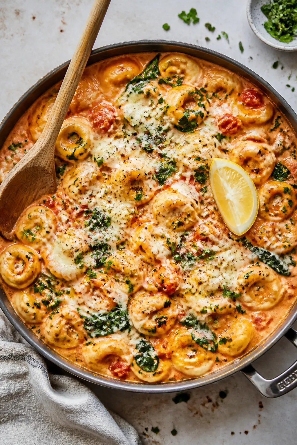Overhead tasty top view: Cheese tortellini simmering in a silky light-creamy tomato sauce inside a w
