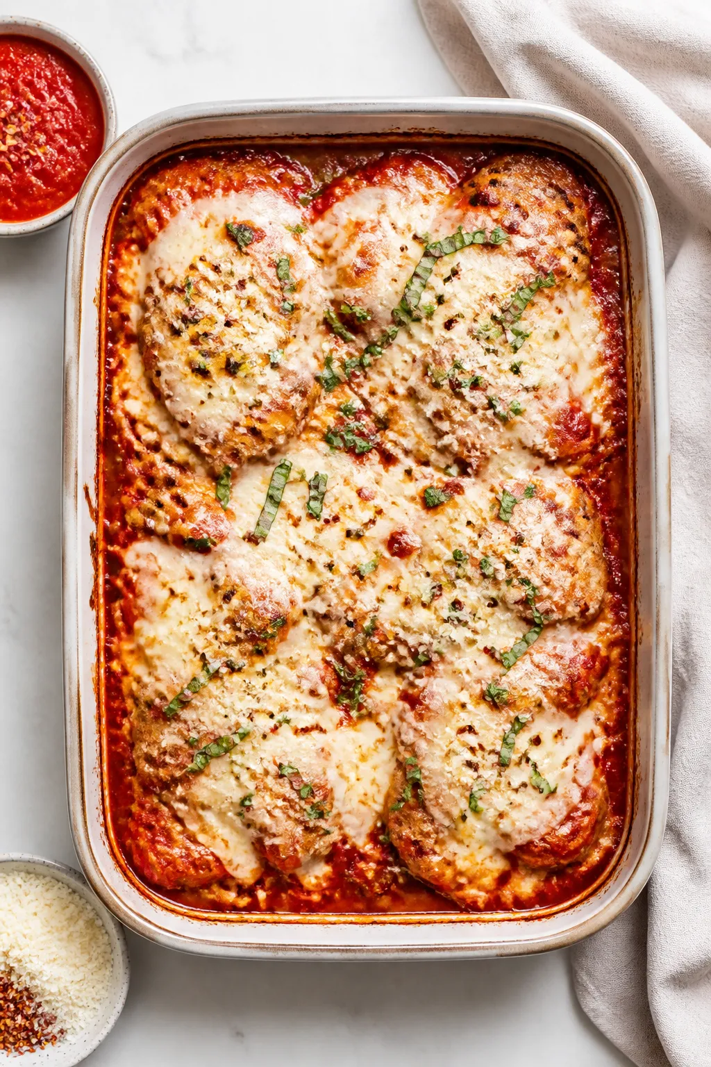 Overhead “tasty top view”: Chicken Parmesan Protein Bake in a 9x13 baking dish straight from the