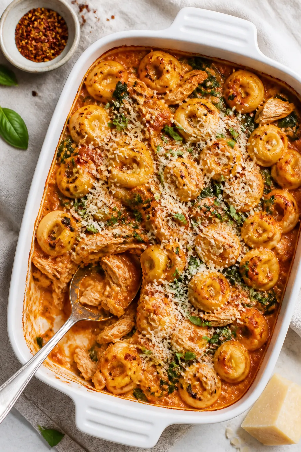 Overhead tasty top view: Final Rotisserie Chicken Tortellini Bake in a white ceramic casserole, even