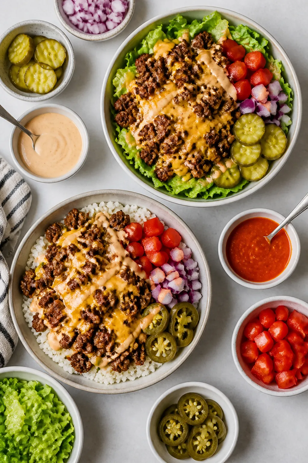 Overhead “tasty top view” for variety/meal prep angle: Top-down shot of multiple components read