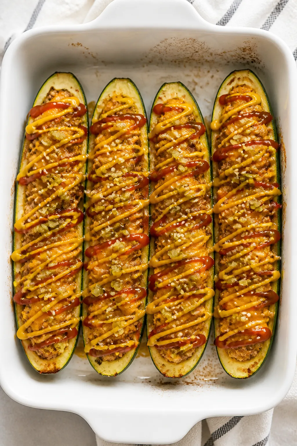Overhead âtasty top viewâ in the baking dish: Par-baked zucchini boats stuffed and just finished