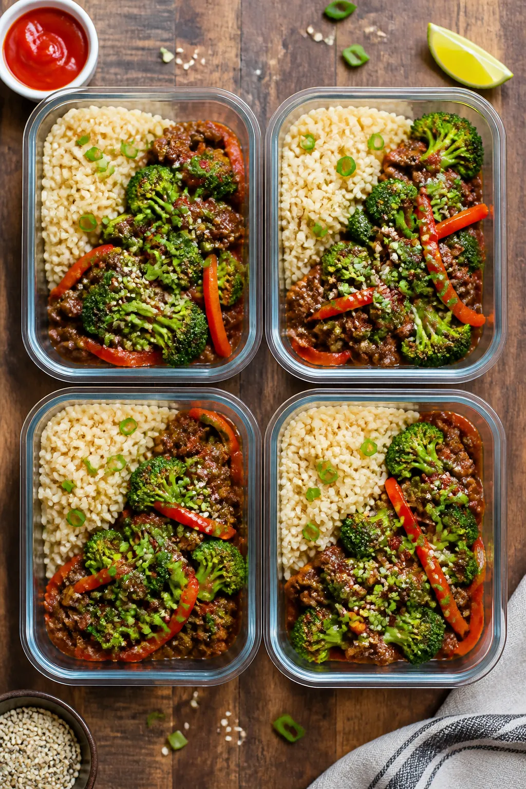 Overhead tasty top view, meal-prep angle: Top-down shot of four neat meal-prep containers filled wit