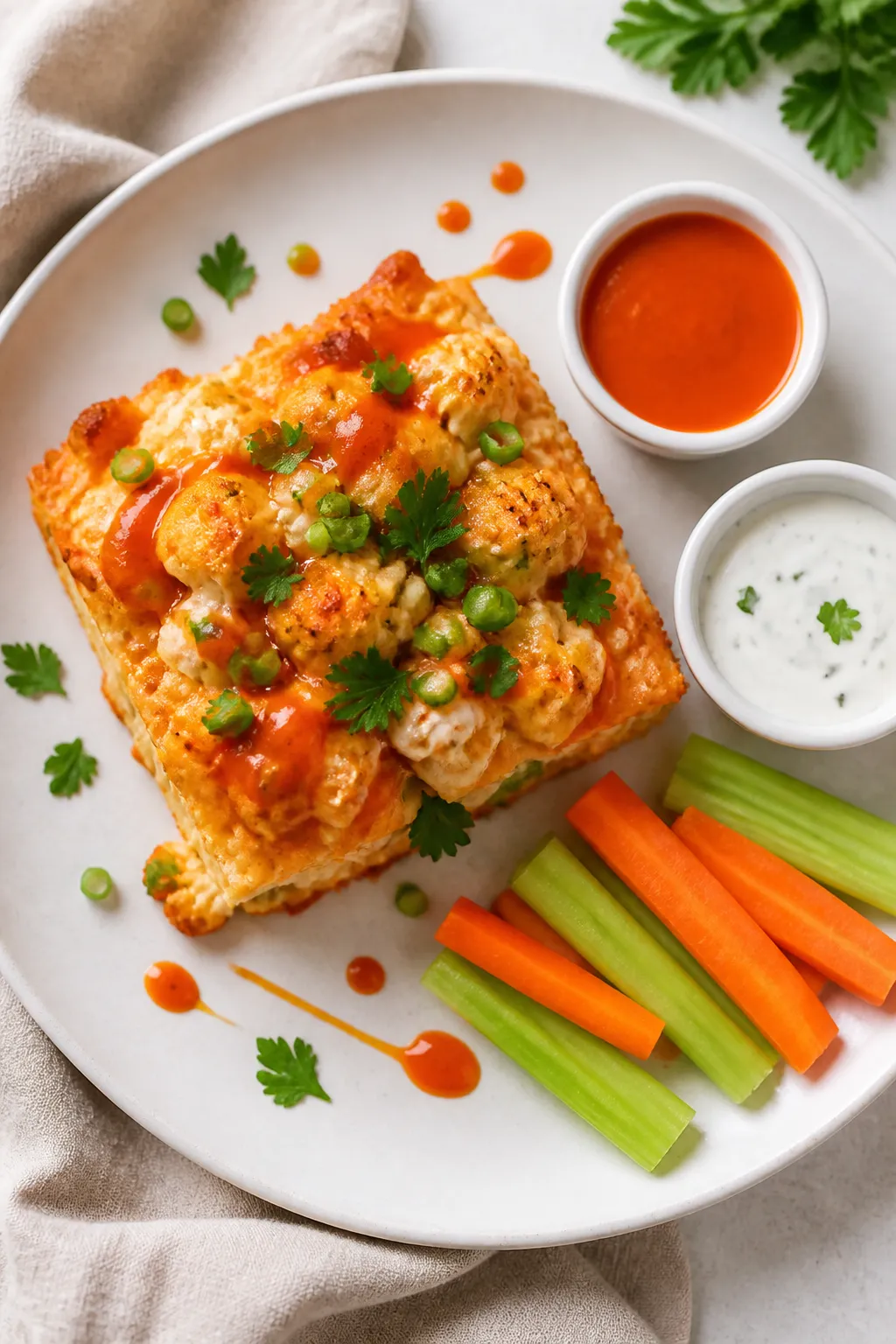 Overhead ātasty top viewā of a served portion: square of Buffalo Chicken Cauliflower Casserole o