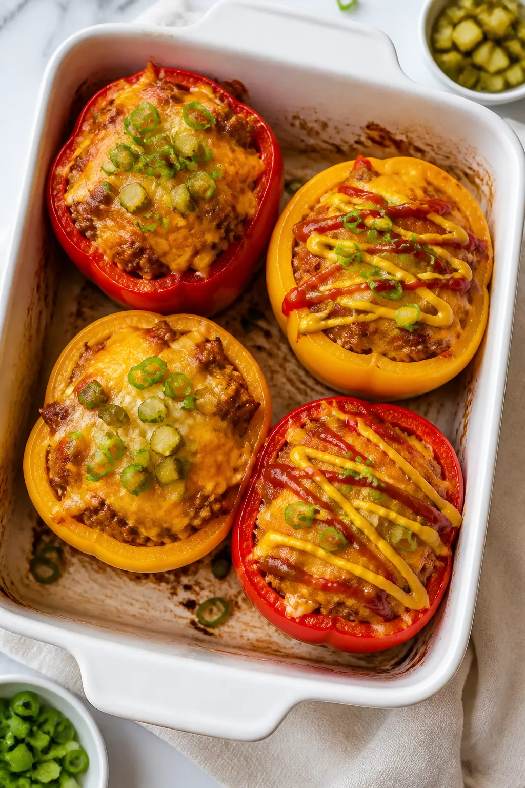 Overhead âtasty top viewâ of stuffed bell peppers fresh from the oven: four brightly colored red