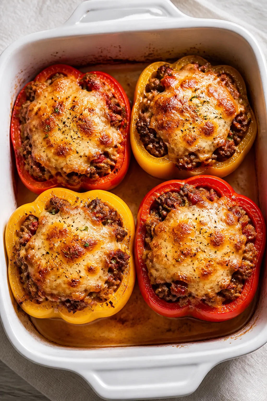 Overhead âtasty top viewâ of stuffed peppers mid-bake: Four par-baked red and yellow bell pepper
